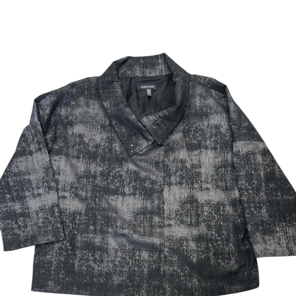 Eileen Fisher Charcoal Grandeur Jacquard High Collar Line Blazer Jacket Snaps M